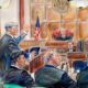 Photo of courtroom sketch of Rick Gates getting questioned by Kevin Downing in Manafort Trial