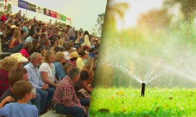 Composite of a large gathering of Clovis residents and a lawn sprinkler illustrating water for future growth
