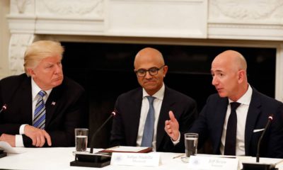 Photo of President Donald Trump, Satya Nadella, and Jeff Bezos