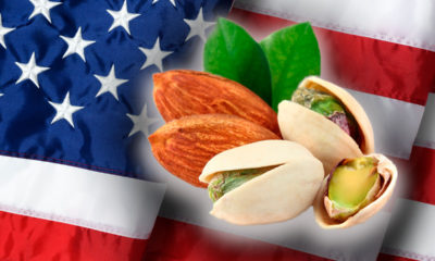 Composite image of almonds and pistachios blended with an American flag