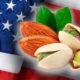 Composite image of almonds and pistachios blended with an American flag
