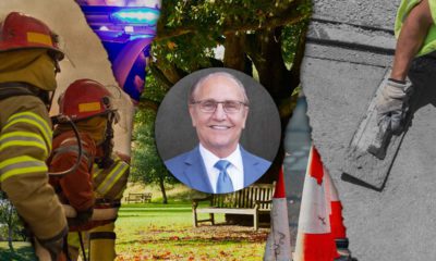 Composite image of a firefighter, a park, Mayor Lee Brand, and a sidewalk repair symbolic of the goals for a new Fresno sales tax