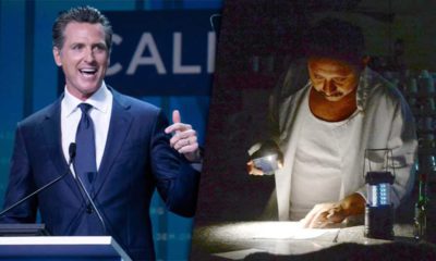 Composite images of Gavin Newsom and a PG&E customer using a flashlight during a power outtage
