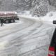Photo of a diesel tanker truck spun out on snowy Highway 168 below Shaver Lake