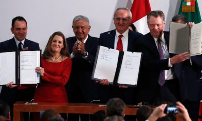 Photo of Mexico's Treasury Secretary Arturo Herrera, left, Deputy Prime Minister of Canada Chrystia Freeland, second left, Mexico's President Andres Manuel Lopez Obrador, center, Mexico's top trade negotiator Jesus Seade, second right, and U.S. Trade Representative Robert Lighthizer