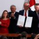 Photo of Mexico's Treasury Secretary Arturo Herrera, left, Deputy Prime Minister of Canada Chrystia Freeland, second left, Mexico's President Andres Manuel Lopez Obrador, center, Mexico's top trade negotiator Jesus Seade, second right, and U.S. Trade Representative Robert Lighthizer