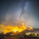 Photo of the Way Fire burning at night in the hills above Wofford Heights in California's Kern County.