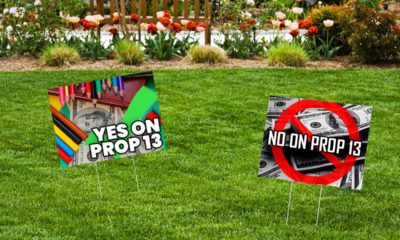 Photo illustration of generic Proposition 13 signs on a lawn