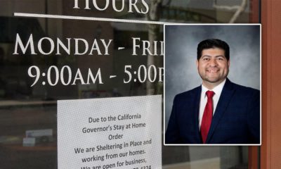 composite of a shelter in place sign at a business and a portrait of Fresno City Councilman Luis Chavez
