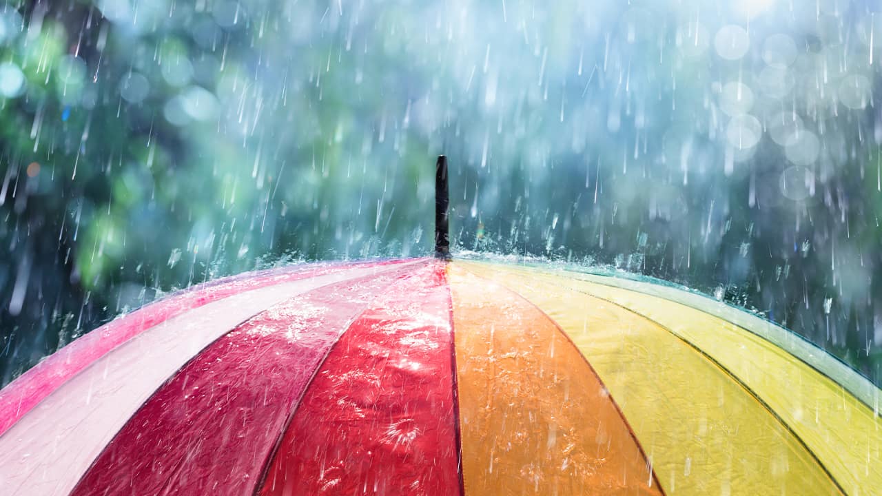 photo of a rainbow colored umbrella