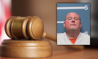 Composite image of Randy Scroggins' mug shot and a court gavel