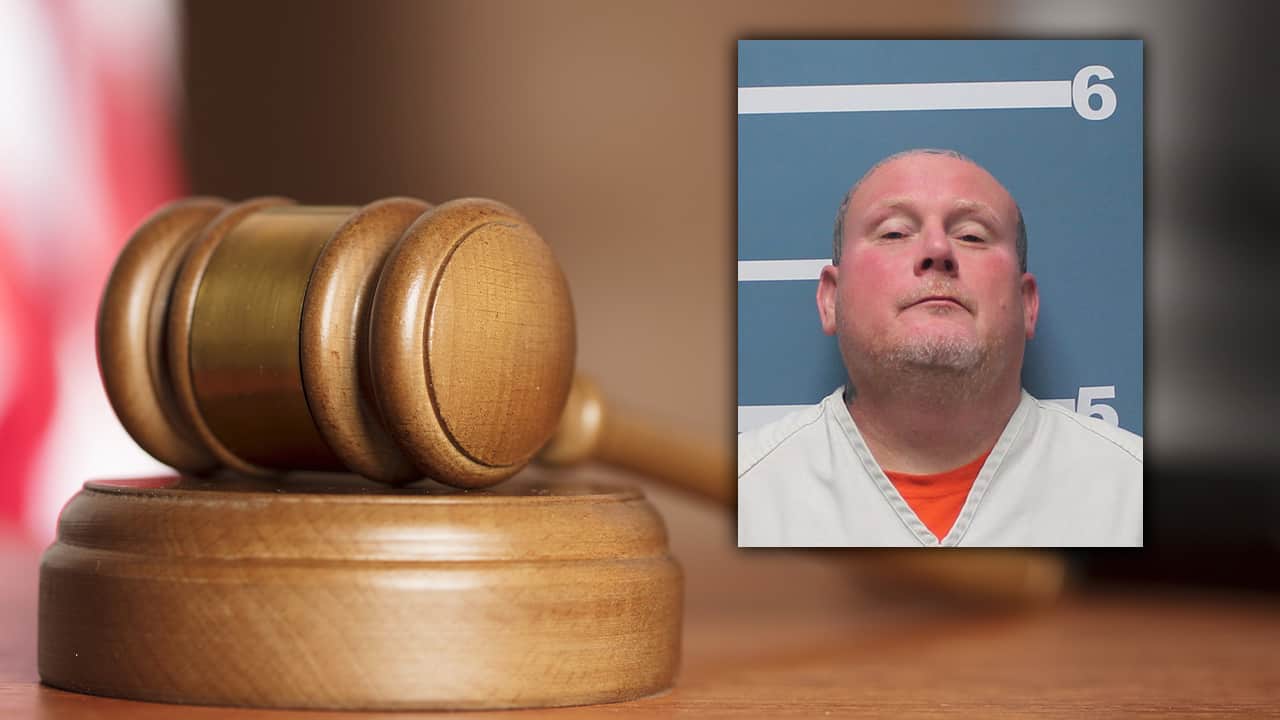 Composite image of Randy Scroggins' mug shot and a court gavel