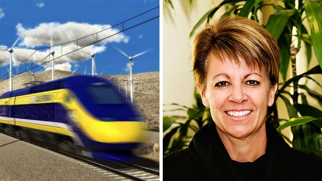 Side by side image of bullet train and California Transportation Commission nominee Lee Ann Eager of Fresno