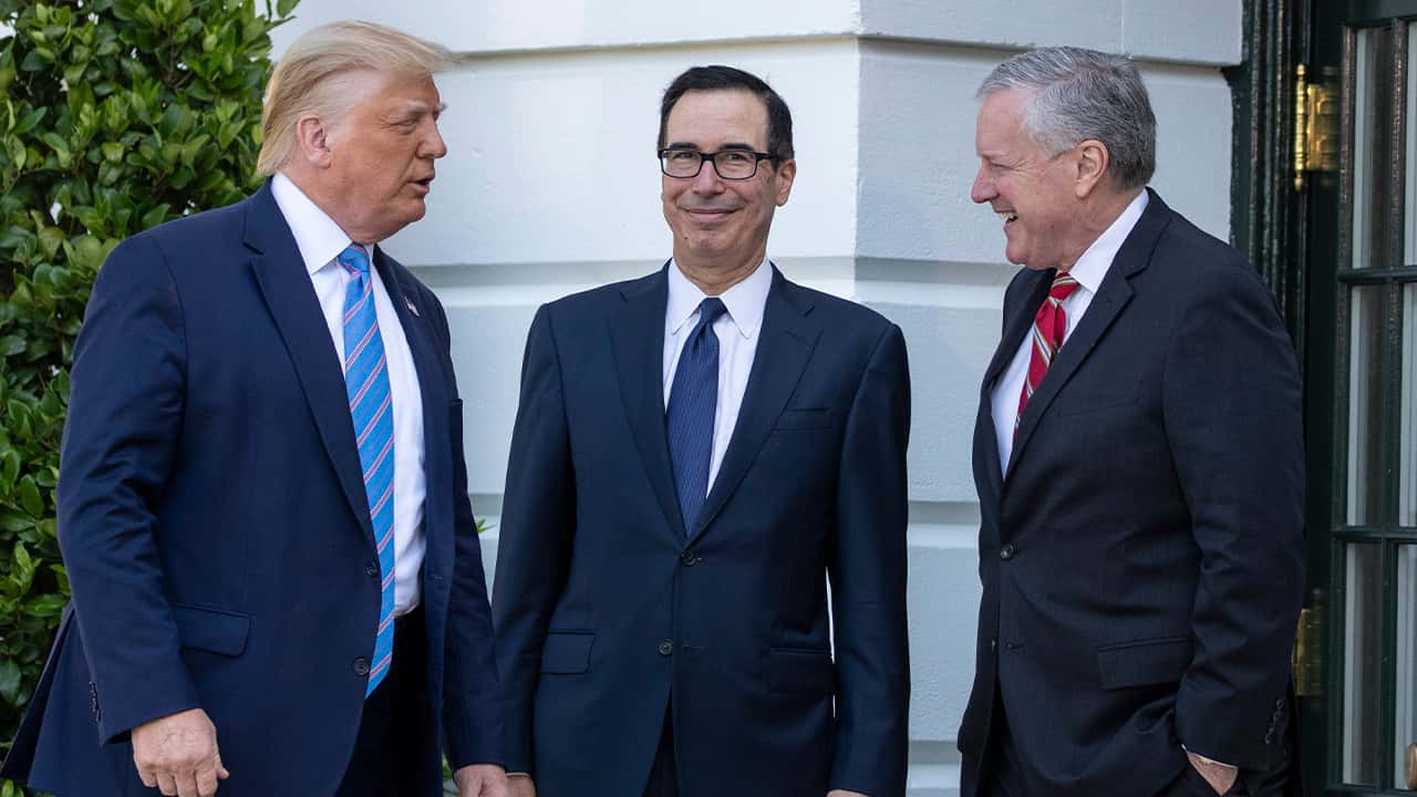 Photo of President Donald Trump, Treasury Secretary Steven Mnuchin, White House Chief of Staff Mark Meadows